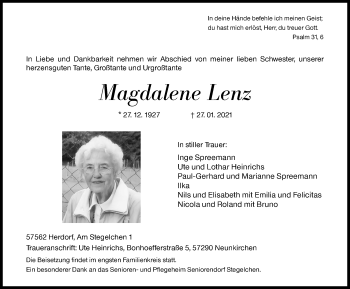 Traueranzeige von Magdalene Lenz von Siegener Zeitung