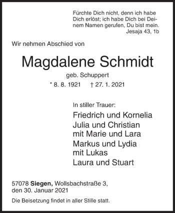 Traueranzeige von Magdalene Schmidt von Siegener Zeitung