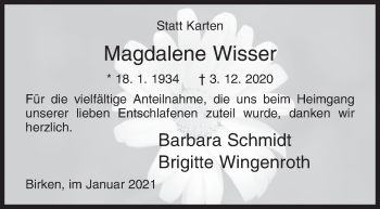 Traueranzeige von Magdalene Wisser von Siegener Zeitung
