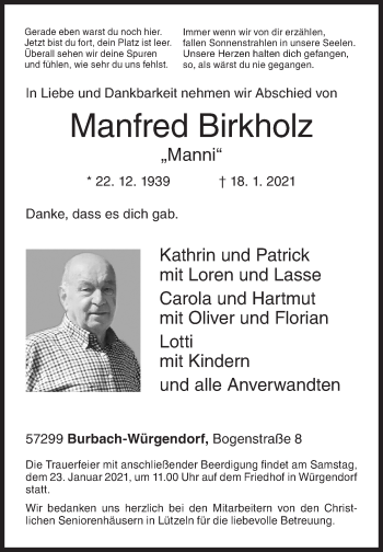 Traueranzeige von Manfred Birkholz von Siegener Zeitung