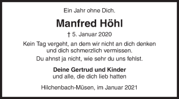 Traueranzeige von Manfred Höhl von Siegener Zeitung