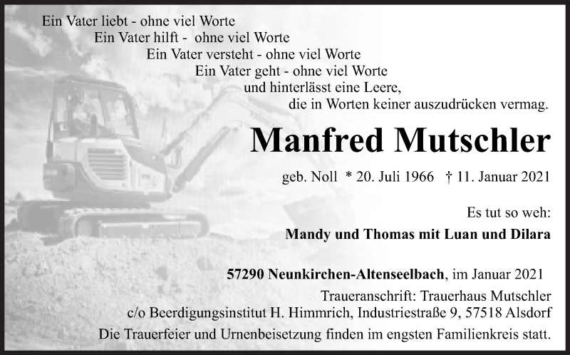  Traueranzeige für Manfred Mutschler vom 16.01.2021 aus Siegener Zeitung