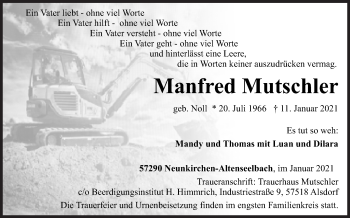 Traueranzeige von Manfred Mutschler von Siegener Zeitung