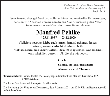 Traueranzeige von Manfred Pehlke von Siegener Zeitung