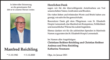 Traueranzeige von Manfred Reichling von Siegener Zeitung