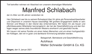 Traueranzeige von Manfred Schlabach von Siegener Zeitung