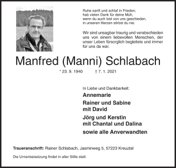 Traueranzeige von Manfred Schlabach von Siegener Zeitung