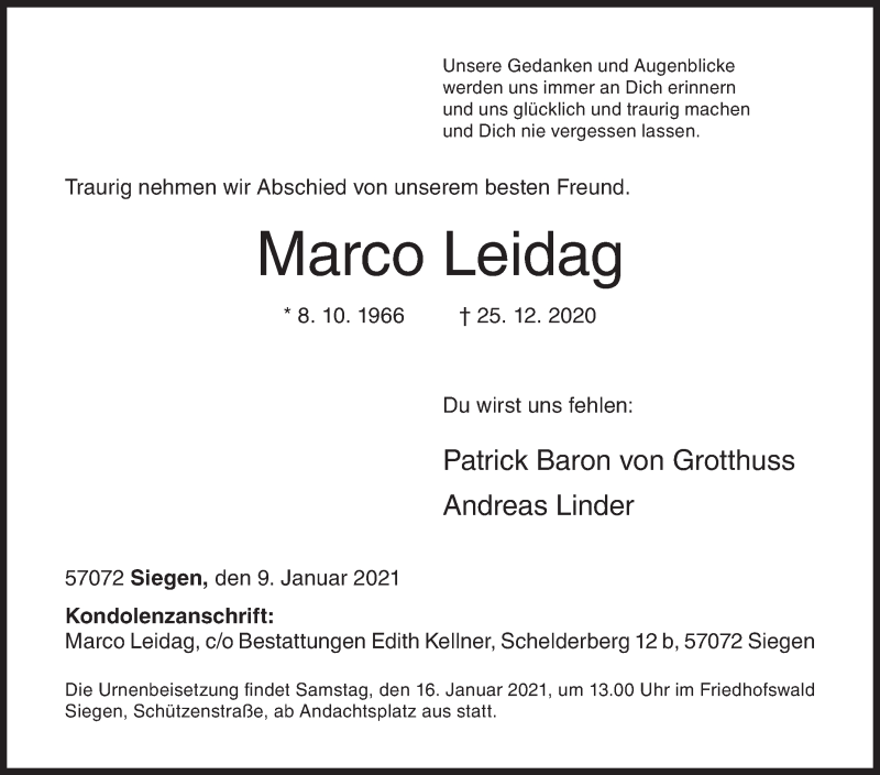  Traueranzeige für Marco Leidag vom 09.01.2021 aus Siegener Zeitung