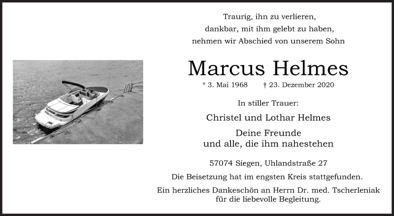  Traueranzeige für Marcus Helmes vom 08.01.2021 aus Siegener Zeitung