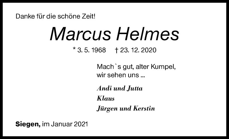  Traueranzeige für Marcus Helmes vom 11.01.2021 aus Siegener Zeitung