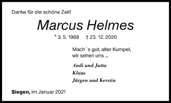 Traueranzeige von Marcus Helmes von Siegener Zeitung