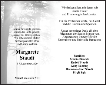 Traueranzeige von Margarete Staudt von Siegener Zeitung