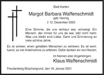 Traueranzeige von Margot Barbara Waffenschmidt von Siegener Zeitung