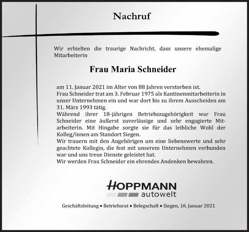  Traueranzeige für Maria Schneider vom 16.01.2021 aus Siegener Zeitung