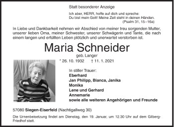 Traueranzeige von Maria Schneider von Siegener Zeitung