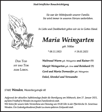 Traueranzeige von Maria Weingarten von Siegener Zeitung