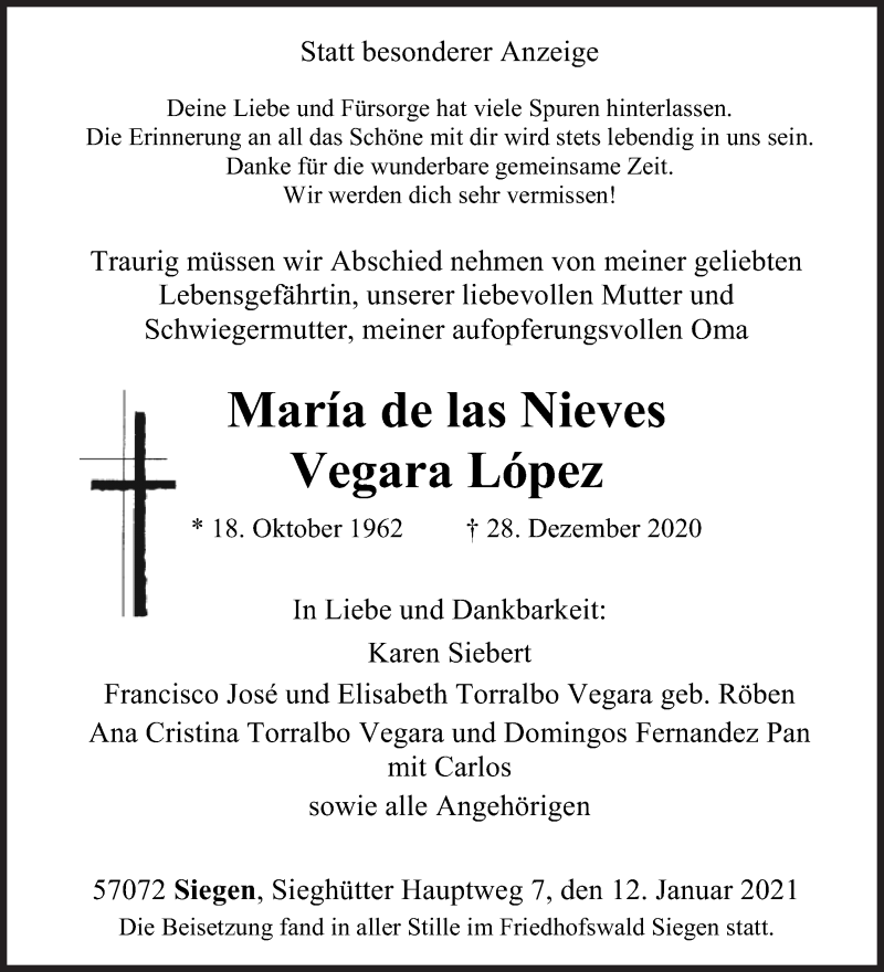  Traueranzeige für Maria de las Nieves Vegara Lopez vom 12.01.2021 aus Siegener Zeitung