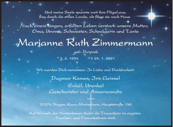 Traueranzeige von Marianna Ruth Zimmermann von Siegener Zeitung