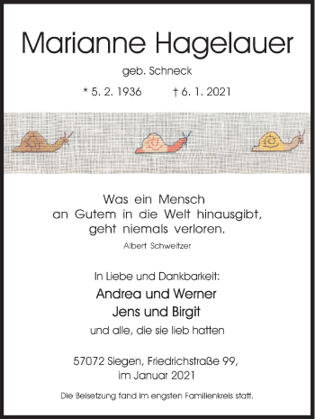 Traueranzeige von Marianne Hagelauer von Siegener Zeitung