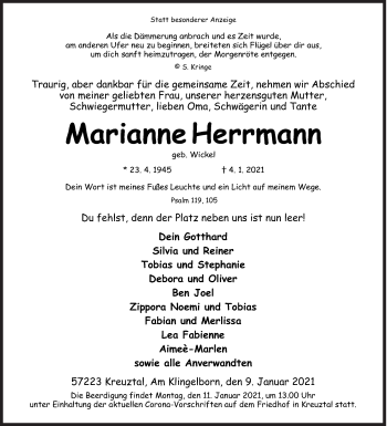 Traueranzeige von Marianne Herrmann von Siegener Zeitung