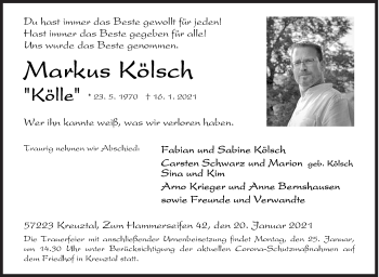 Traueranzeige von Marku Kölsch von Siegener Zeitung