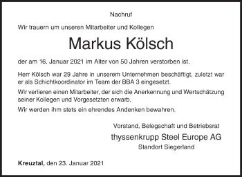Traueranzeige von Markus Kölsch von Siegener Zeitung