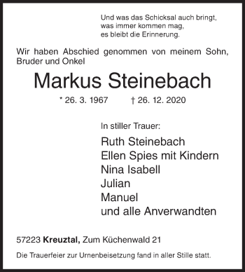 Traueranzeige von Markus Steinebach von Siegener Zeitung