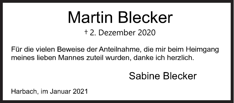  Traueranzeige für Martin Blecker vom 16.01.2021 aus Siegener Zeitung