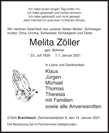 Traueranzeige von Melita Zöller von Siegener Zeitung