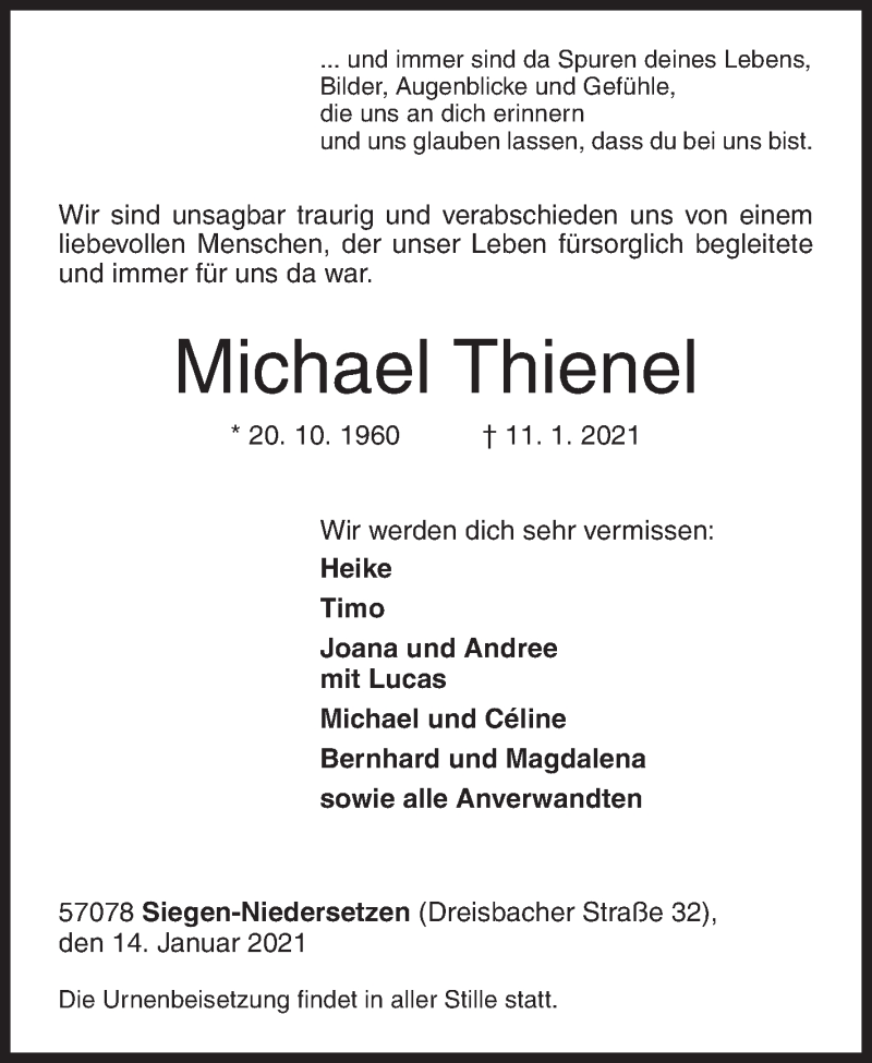  Traueranzeige für Michael Thienel vom 14.01.2021 aus Siegener Zeitung