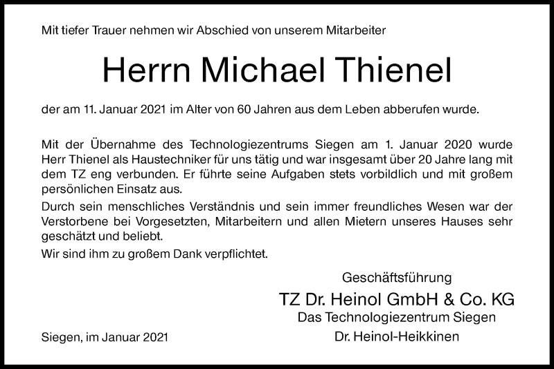  Traueranzeige für Michael Thienel vom 30.01.2021 aus Siegener Zeitung