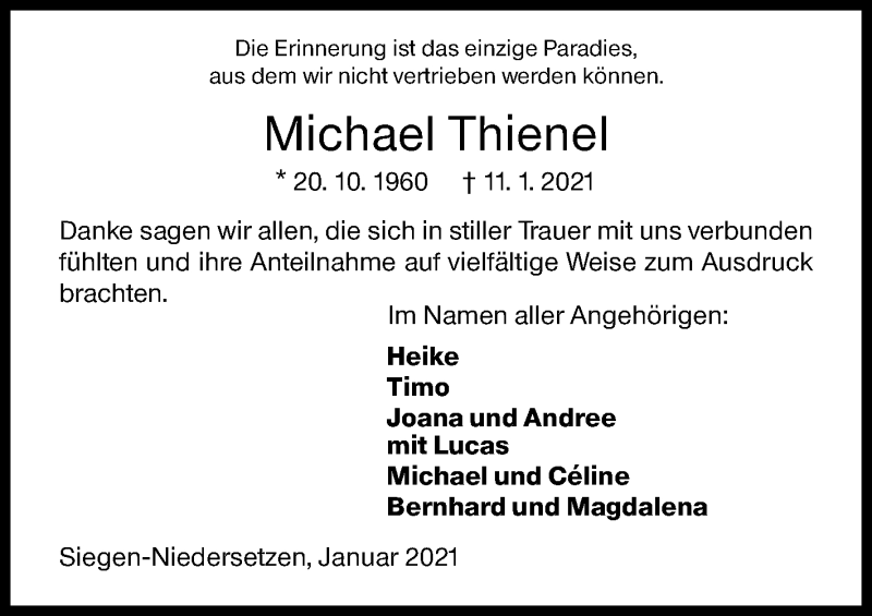  Traueranzeige für Michael Thienel vom 28.01.2021 aus Siegener Zeitung