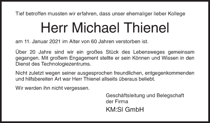 Traueranzeige für Michael Thienel vom 16.01.2021 aus Siegener Zeitung
