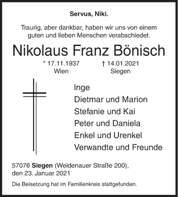 Traueranzeige von Nikolaus Franz Bönisch von Siegener Zeitung