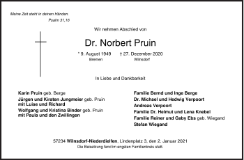 Traueranzeige von Norbert Pruin von Siegener Zeitung