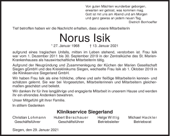 Traueranzeige von Norus Isik von Siegener Zeitung