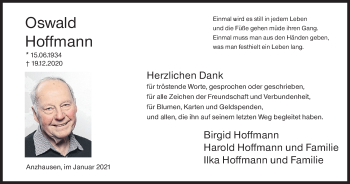 Traueranzeige von Oswald Hoffmann von Siegener Zeitung