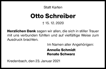 Traueranzeige von Otto Schreiber von Siegener Zeitung