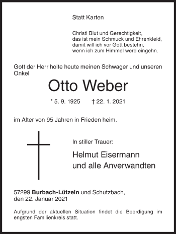 Traueranzeige von Otto Weber von Siegener Zeitung