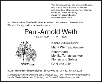 Traueranzeige von Paul-Arnold Weth von Siegener Zeitung