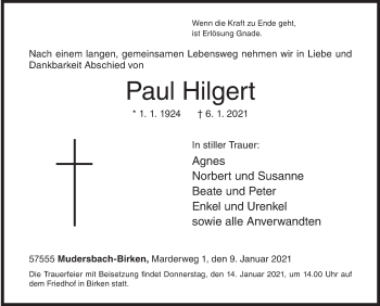 Traueranzeige von Paul Hilgert von Siegener Zeitung