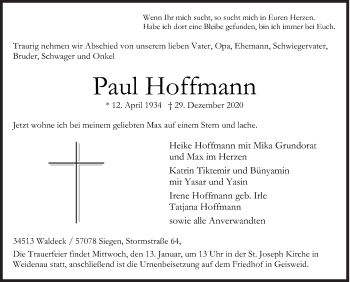 Traueranzeige von Paul Hoffmann von Siegener Zeitung