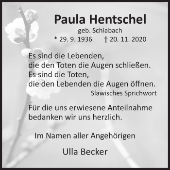 Traueranzeige von Paula Hentschel von Siegener Zeitung