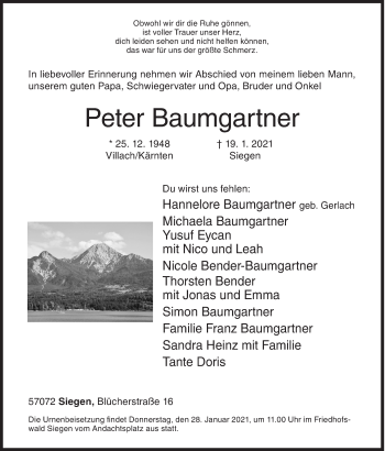 Traueranzeige von Peter Baumgartner von Siegener Zeitung