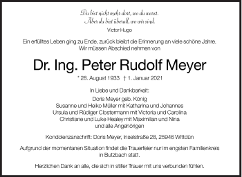 Traueranzeige von Peter Rudolf Meyer von Siegener Zeitung