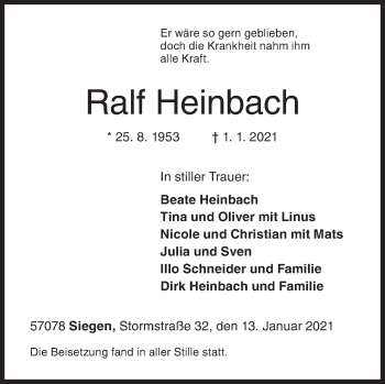 Traueranzeige von Ralf Heinbach von Siegener Zeitung