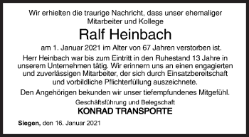 Traueranzeige von Ralf Heinbach von Siegener Zeitung