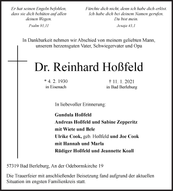 Traueranzeige von Reinhard Hoßfeld von Siegener Zeitung