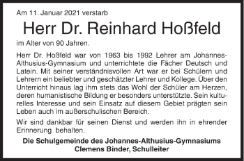Traueranzeige von Reinhard Hoßfeld von Siegener Zeitung