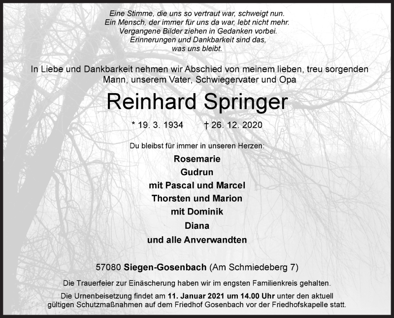  Traueranzeige für Reinhard Springer vom 02.01.2021 aus Siegener Zeitung